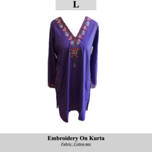 Purple kurta with colorful embroidery along neckline and cuffs; cotton blend fabric, size L (SKU:H0046).