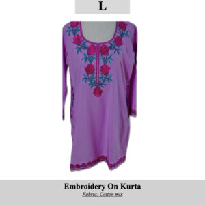 Purple kurta with pink floral embroidery along the neckline and hem, size L, cotton-blend fabric.
