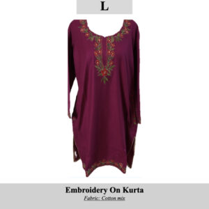 Magenta kurta with colorful floral embroidery along neckline and hem; size L, SKU H0048; cotton blend fabric.