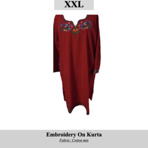 Red embroidered kurta with floral embroidery around neckline, SKU H0049, size XXL.