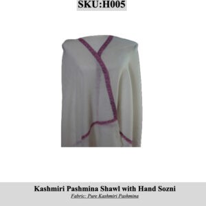 SKU H005: White Kashmiri Pashmina shawl with pink hand-Sozni embroidery.**Note:** concise alt text only; remove extra notes in final use if needed.