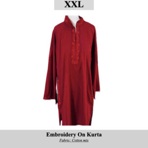 Red cotton-mix kurta with embroidered front placket, size XXL; SKU H0052. Crafted by displaced Kashmiri women of HemAth Jagti Camp Township.