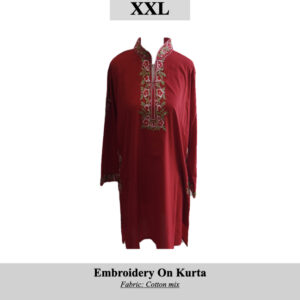 Red kurta with embroidered neckline and cuffs, size XXL, cotton-mix fabric; SKU H0053; crafted by displaced Kashmir women.