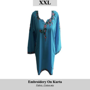 Turquoise embroidered kurta in XXL with pink floral embroidery on neckline and sleeves and a cotton-mix fabric look on a white background.