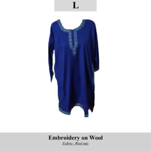 Blue wool-blend tunic with turquoise embroidery along the neckline and hem; SKU H0055, size L.
