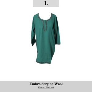 Teal wool-mix tunic with purple embroidered trim at neckline and hem; size L, SKU H0057.