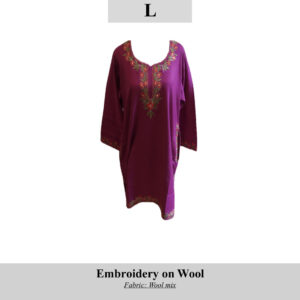 Purple wool-mix tunic with colorful floral embroidery around the neckline, cuffs, and hem; SKU H0058 L. Crafted by displaced Kashmiri women.