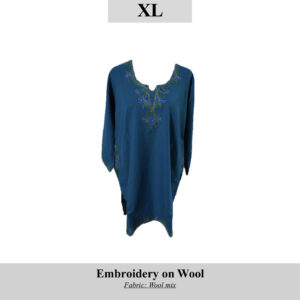 Blue wool-blend tunic with blue and green embroidered neckline, size XL (SKU H0059).