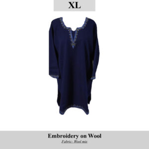 Navy blue wool-mix tunic with blue embroidery around the neckline, cuffs, and hem; size XL (SKU H0060)