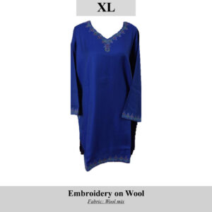 Blue wool-blend tunic with multicolored embroidery along the V-neckline and hem; size XL, SKU H0061.