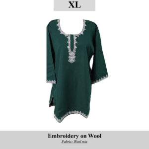 Green wool-blend tunic featuring white embroidery along the neckline, cuffs, and hem; size XL; SKU H0062.