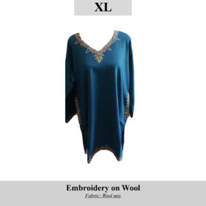 Teal wool-blend tunic/poncho with colorful neckline and hem embroidery; SKU H0063 XL