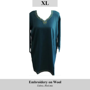 Blue-green wool-blend tunic with green embroidery around neckline and cuffs; size XL; product SKU H064.