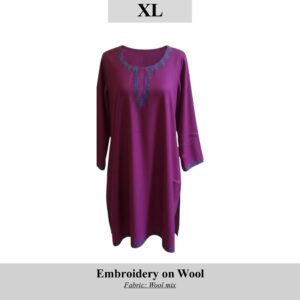 Purple wool tunic with blue/teal embroidery along neckline and cuffs, size XL (SKU H0066).