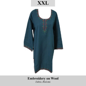 Blue wool-blend tunic (XXL, SKU H0067) with red and green embroidery around neckline and cuffs.