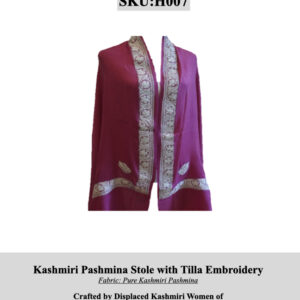 Magenta Kashmiri Pashmina stole with cream Tilla-embroidered borders and leaf motifs; SKU H007