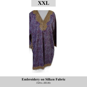 Purple silk-mix tunic with gold embroidery along the V-neck, loose fit, SKU H0071, XXL