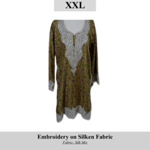 Embroidered silk-mix tunic with silver neckline embroidery, size XXL, SKU H0072 (product label). Crafted by displaced Kashmiri women.