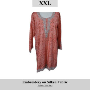 Pink embroidered tunic in silk-mix, XXL, SKU H0073; crafted by displaced Kashmiri women.