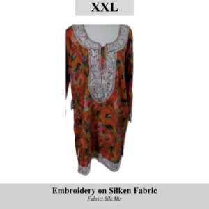 Embroidered silk-mix kaftan in orange with white intricate neckline embroidery and a floral pattern, size XXL.