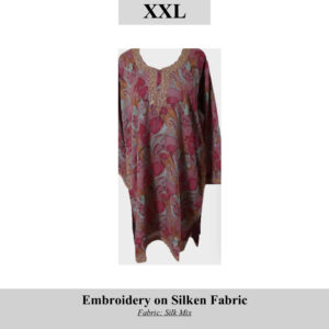 Product image: Embroidered silk-mix tunic in maroon with ornate gold neckline embroidery and a colorful floral pattern (SKU H0075, XXL).
