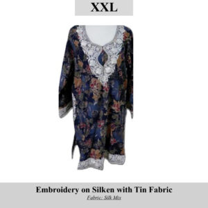 Embroidered navy silk-blend tunic with white floral embroidery along the neckline and hem, size XXL, SKU H0076