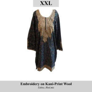 Product image of an oversized tunic with gold embroidery on dark wool-mix fabric; front neckline and hem feature ornate gold design, size XXL, SKU H0077.