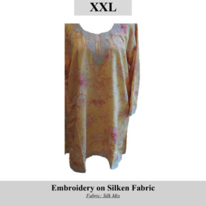 Product image for SKU H0078 XXL: Yellow silk-mix tunic with pink floral pattern and gray embroidered neckline, loose fit
