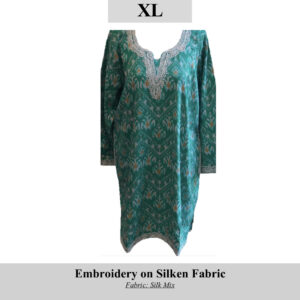 Teal silk-mix tunic with silver-embroidered neckline and hem; SKU H0079, size XL.