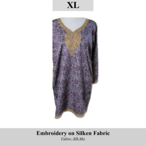 Purple silk-mix tunic with intricate gold embroidery at the neckline, size XL (SKU H0080).