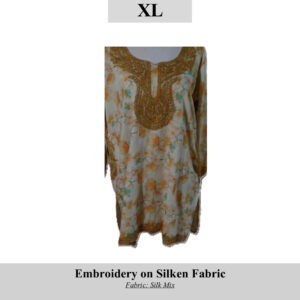 Embroidered silk-mix tunic with gold embroidery; size XL. SKU H0081. Crafted by displaced Kashmiri women of Hem Ath Jagti Camp Township.