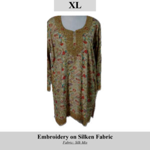 Cream silk-blend tunic with gold bead embroidery around the neckline and floral print; size XL (SKU H0082).