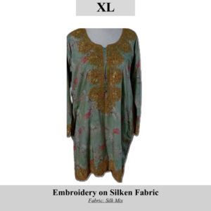 Green silk-mix tunic with gold embroidery around neckline and hem, size XL (SKU: H0083) – product image.