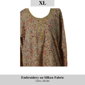 Beige silk-mix tunic with gold-embroidered neckline and paisley floral embroidery; size XL. SKU H0084.