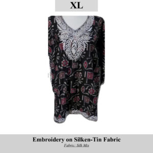 Product image: black silk-blend dress with bold white embroidered leaf motif on the chest, pink floral accents, labeled SKU H0085, size XL