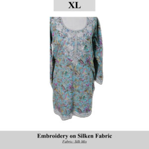 Turquoise embroidered silk dress, size XL (SKU H0086), displayed on white background with a gray label above.
