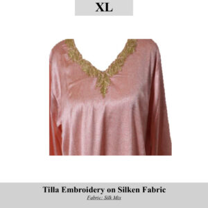 Pink silk‑blend tunic with gold tilla embroidery along a V‑neck; SKU H0087, size XL
