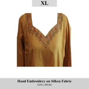 Mustard silk-mix tunic with a decorative embroidered V-neck border; size XL (SKU H0088). May be crafted by Kashmiri artisans.