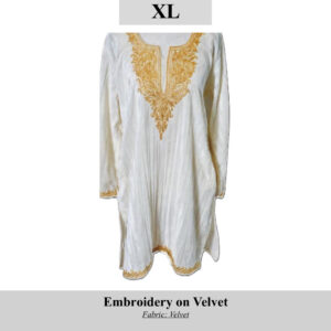 Cream velvet tunic with intricate gold embroidery around the V-neckline and at the hem; size XL, long sleeves.