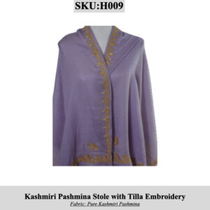 Purple Kashmiri Pashmina stole with gold Tilla embroidery along the border; SKU H009, on white background.