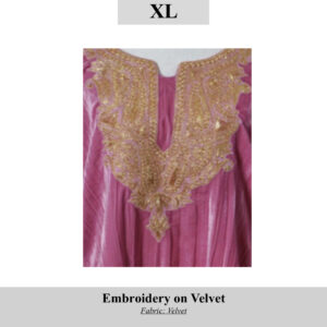 Purple velvet garment with elaborate gold embroidery around the neckline, labeled SKU H0090, size XL (product titled 'Embroidery on Velvet').