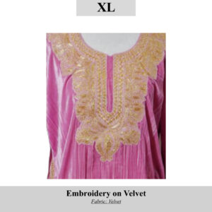 Pink velvet dress with intricate gold embroidery around the neckline and chest area; size XL (SKU H0092).