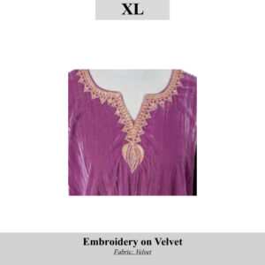 Purple velvet top with gold embroidery along the V-neck and center pendant, SKU H0093, size XL