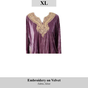 Purple velvet garment with intricate gold embroidery around the neckline; size XL, SKU H0095.