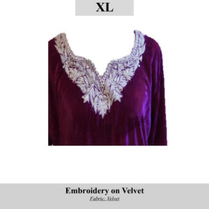 Purple velvet top with white ornate embroidery along the deep V neckline (SKU H0097, size XL).