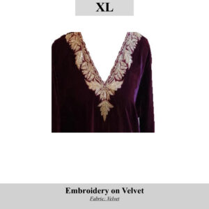 Velvet burgundy dress with gold leaf embroidery along a deep V-neck, size XL, SKU H0098.