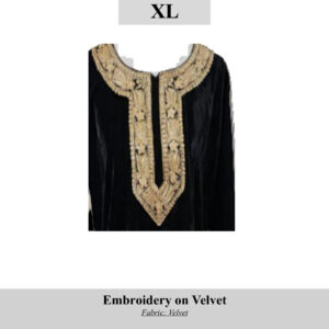 Black velvet top with ornate gold embroidery around the neckline and front; SKU H0099, size XL.